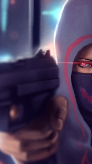 Image: Girl, holds, gun, aiming, eyes, mask, hood, tattoo