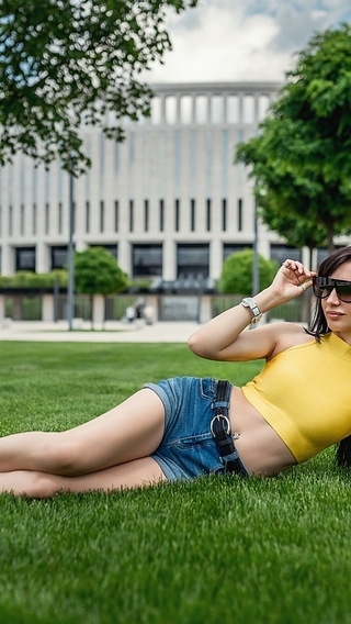 Image: Lioka Grechanova, brunette, girl, glasses, posing, lies, lawn, grass