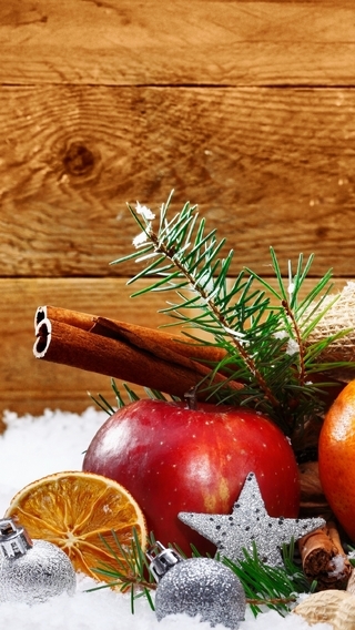 Image: Orange, apple, cinnamon, stars, Christmas toys, branch, spruce, decor, snow