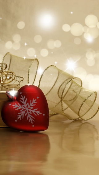 Image: Christmas, New year, gift, glare, ribbon, pinecone, ball, snowflake, toy