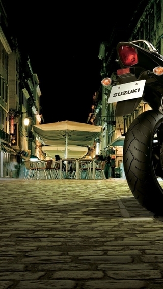Image: Suzuki, motorcycle, bike, black, street, building, night, lighting