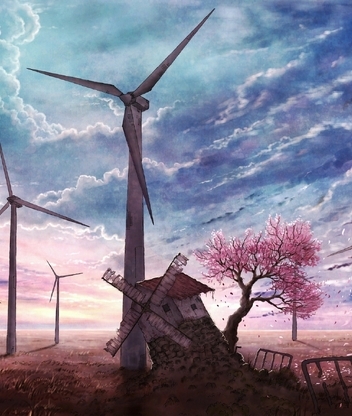 Image: Art, wind, mills, turbines, wind station, sky, field, tree, Sakura
