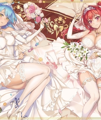 Картинка: Девушки, арт, аниме, Shinmai Maou no Testament, По велению адской сестры, невесты, лежат, цветы, шампанское, платье