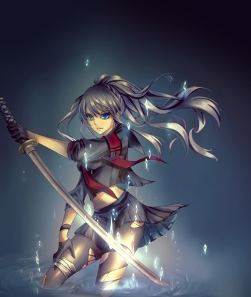 Image: Girl, form, bandage, blue eyes, hair, katana, sword, water, drops