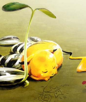 Картинка: Pokemon, Пикачу, спит, семя, росток, жёлтый, Pikachu, лейка, песок, рисунок
