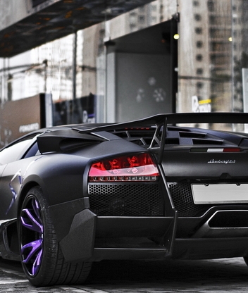 Картинка: Lamborghini, Murcielago, SV, черный, матовый, улица, тротуар, здание