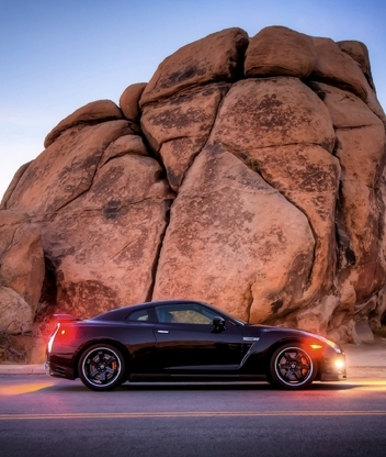 Image: Nissan, GTR, lights, light, road, rock, rocks
