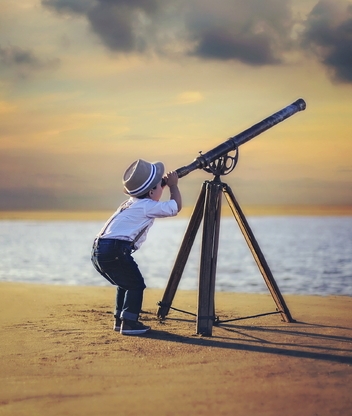 Image: Boy, telescope, beach, sand, sea, sky