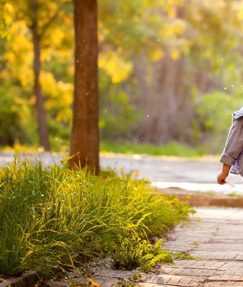 Image: Girl, child, park, alley, walk, grass, trees, leaves, light, rays, summer