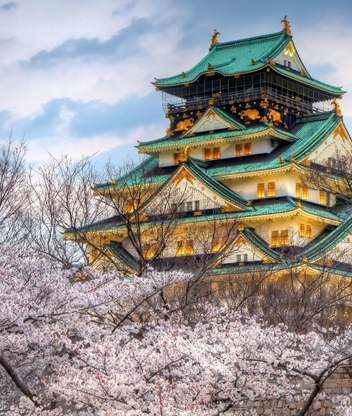 Image: Osaka, Japan, castle, roof, Sakura, bloom, trees, sky, clouds