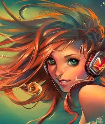 Image: Girl, mermaid, headphones, listening, long hair, water, bubbles, pattern