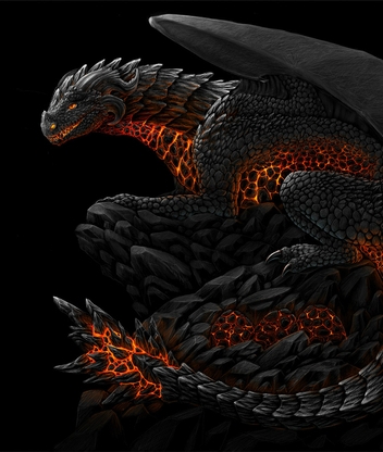 Image: Dragon, fire-breathing, black, wings, tail, lights