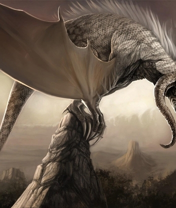 Картинка: Дракон, рога, крылья, пасть, скала, пика, гора, когти, хвост