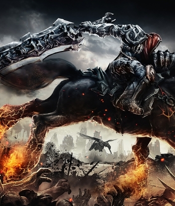 Картинка: Darksiders, Война, всадник, апокалипсис, меч, огромный, конь, лошадь, огонь, поле битвы