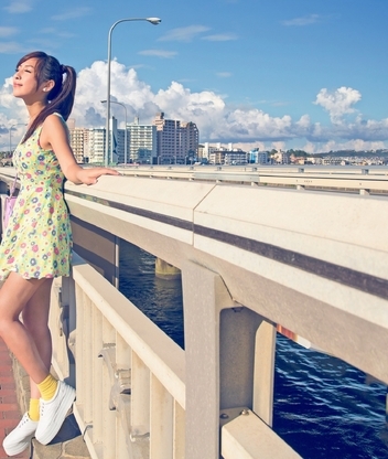 Image: Girl, summer, sun, town, river, bridge, clouds