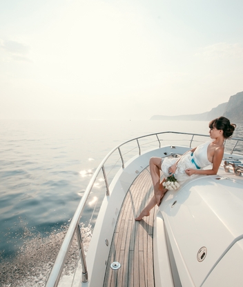 Image: Girl, flowers, pose, yacht, sea, mountain, island, horizon, sky