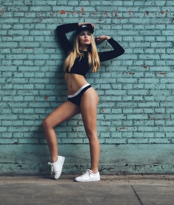 Image: Girl, posing, shoes, sport, brick wall