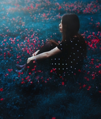Картинка: Девушка, сидит, красные цветочки, поляна, трава, настроение