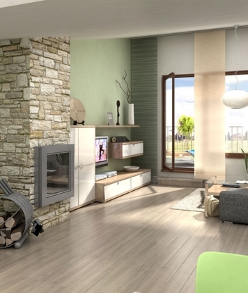 Image: Room, fireplace, firewood, stone, sofa, lamp, floor
