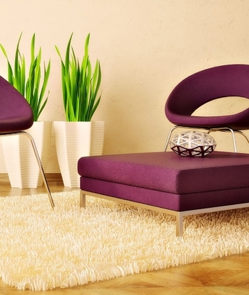 Image: Lounge, chair, puf, potted plants, rug, music column