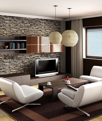 Image: Room, TV, carpet, lamps, sofa, window, brown design