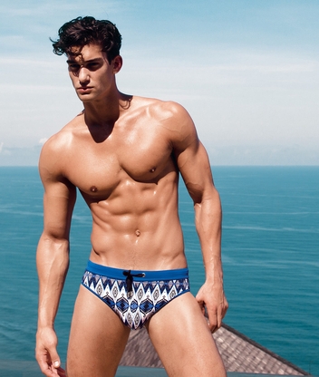 Image: Male, man, model, muscle, torso, trunks, sea, posing