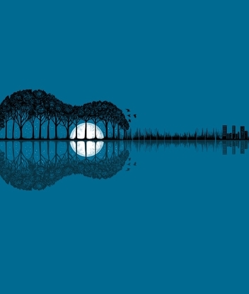 Image: Guitar, trees, moon, reflection, birds, buildings, houses, blue background