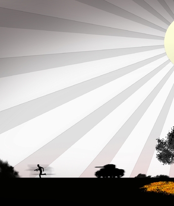 Image: Sun, rays, field, war, soldier, tank, weapon, shot, tree, leaves