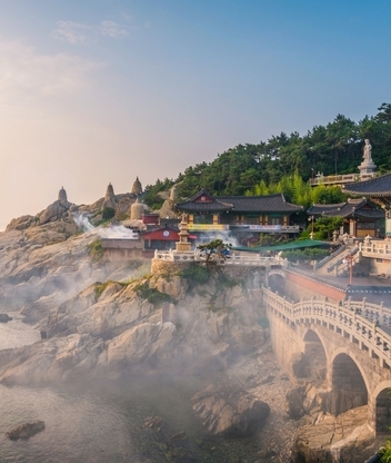 Image: coast, sea, rocks, forest, sky, monastery, temple