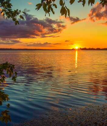 Картинка: Озеро, вода, волны, отражение, закат, солнце, деревья, листья, небо, облака, лето
