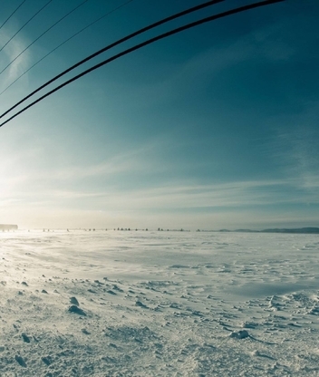 Image: Winter, sky, sun, village, snow, road, supports, line, wires, power transmission, field, mountains