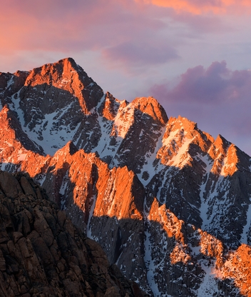 Image: Mountain, mountain range, ridge, snow, light, sky, clouds