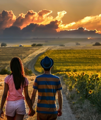 Image: Couple, man, girl, lovers, field, sunflowers, road, horizon, evening, clouds