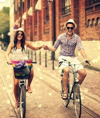 Image: Guy, girl, journey, bicycle, drive, sidewalk, walkway, building