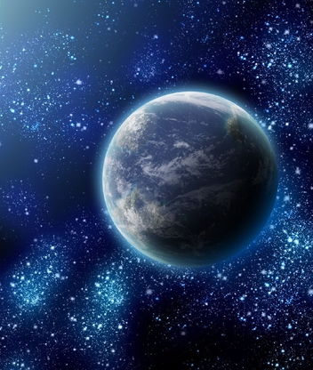 Картинка: Планета, Земля, спутник, Луна, свет, атмосфера, звёзды