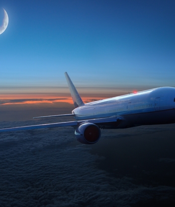 Image: Plane, evening, dusk, clouds, sky, moon