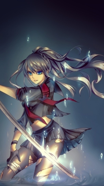 Картинка: Девушка, форма, повязка, голубые глаза, волосы, катана, меч, вода, капли