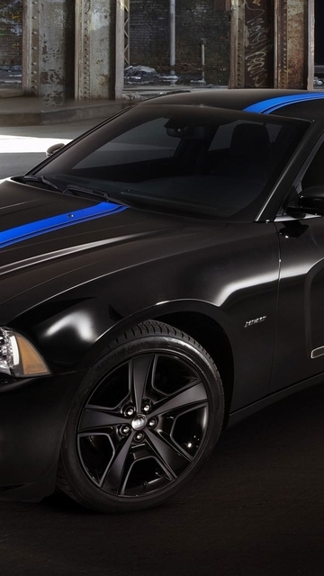 Картинка: Dodge, Charger, Mopar, black, черный, спорткар, синяя полоса.