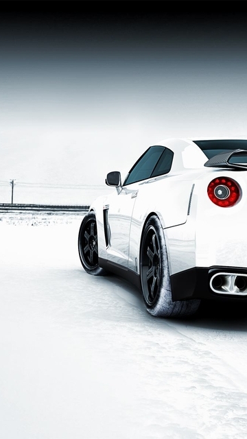 Картинка: Nissan, GTR, белый, снег, зима, железная дорога