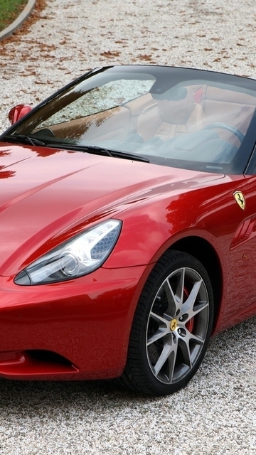 Картинка: Ferrari, California, красный, кабриолет, иномарка, суперкар, дорога, листья