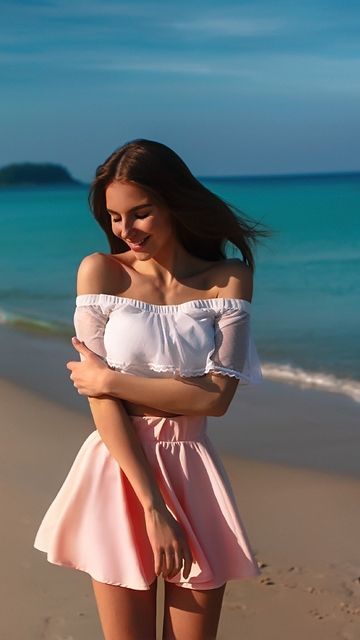 Image: Galina Dubenenko, model, smile, mood, girl, skirt, pink, posing, sea, sand