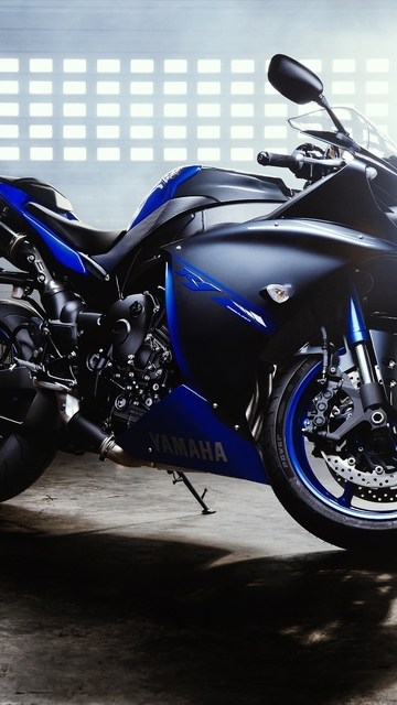 Картинка: Байк, мотоцикл, колёса, Yamaha, YZF R1, чёрный, синий, свет