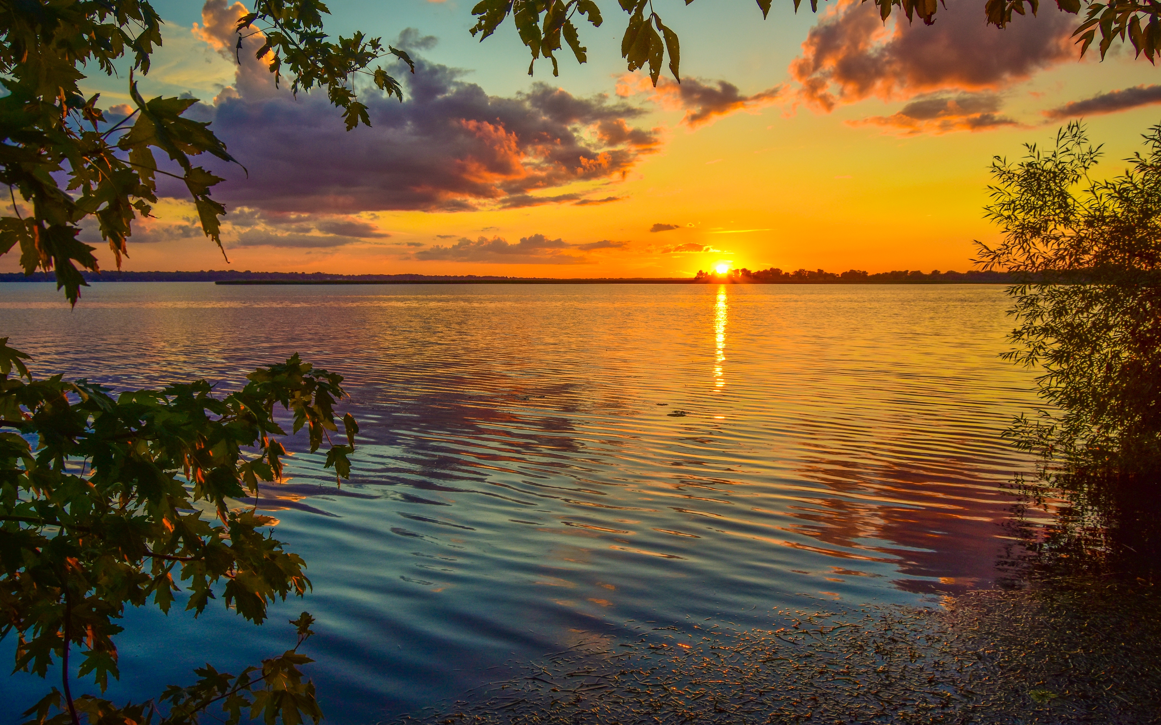 Image: Lake, water, waves, reflection, sunset, sun, trees, leaves, sky, clouds, summer