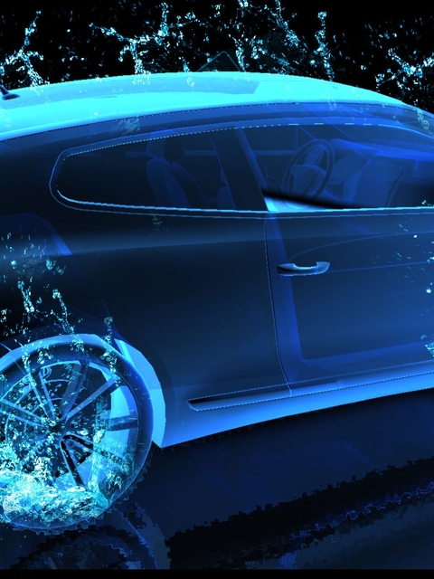 Картинка: Автомобиль, 3D, вода, брызги, колёса, отражение