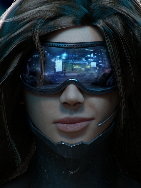 Image: Girl, glasses, brunette hair, armor, microphone, face, reflection, cyberpunk, 3D