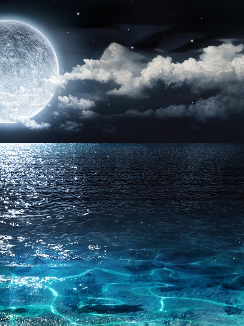 Image: Night, moon, sea, stars, clouds, 3D