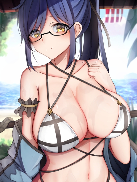 Картинка: Chiyo, девушка, очки, стесняется, улыбка, купальник, большая грудь