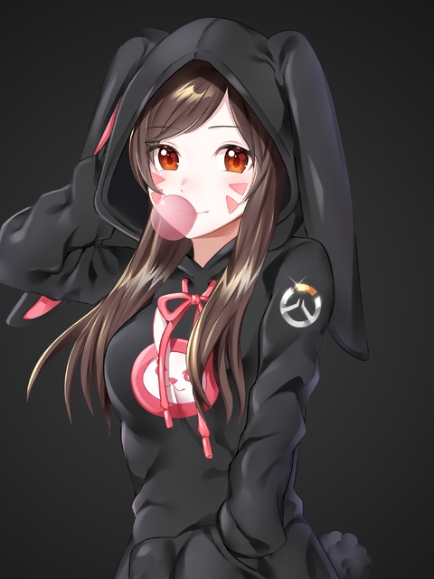 Image: Girl, gum, bubble, jacket, hair, hood, ears, dark background, Overwatch