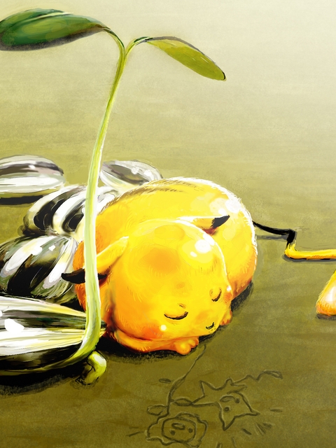 Image: Pokemon, Pikachu, sleeping, the seed, sprout, yellow, watering can, sand, picture