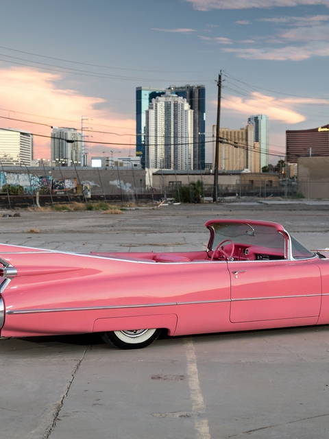 Картинка: Автомобиль, Cadillac Convertible, кабриолет, ретро, 1959, розовый, коралловый, город